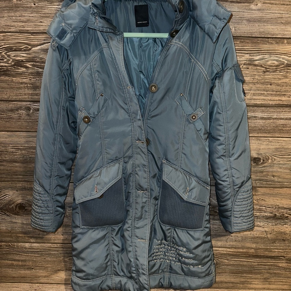 Vero Moda Blue Puffer Hooded Jacket Cute Pockets & Stitched Poem Medium